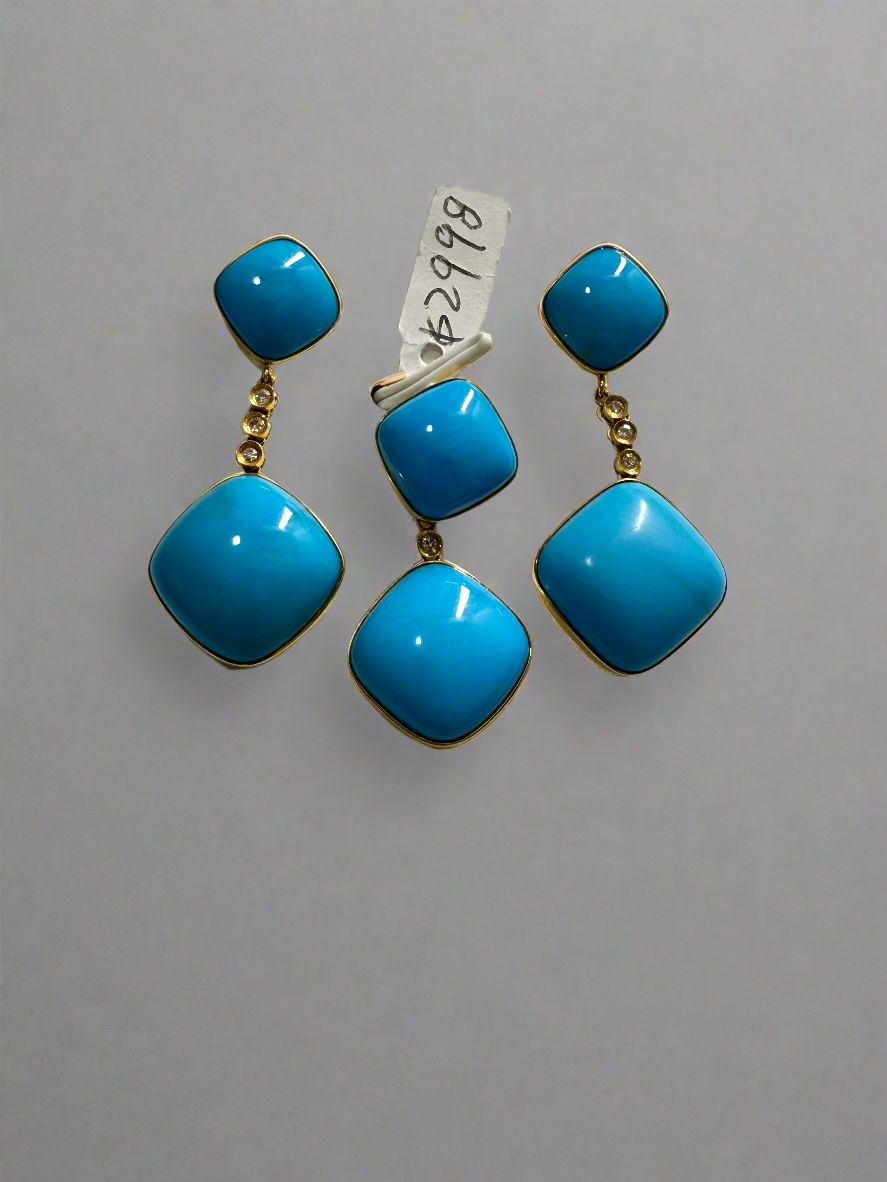 Set of 18 karat gold earring and pendant with authentic turquoise