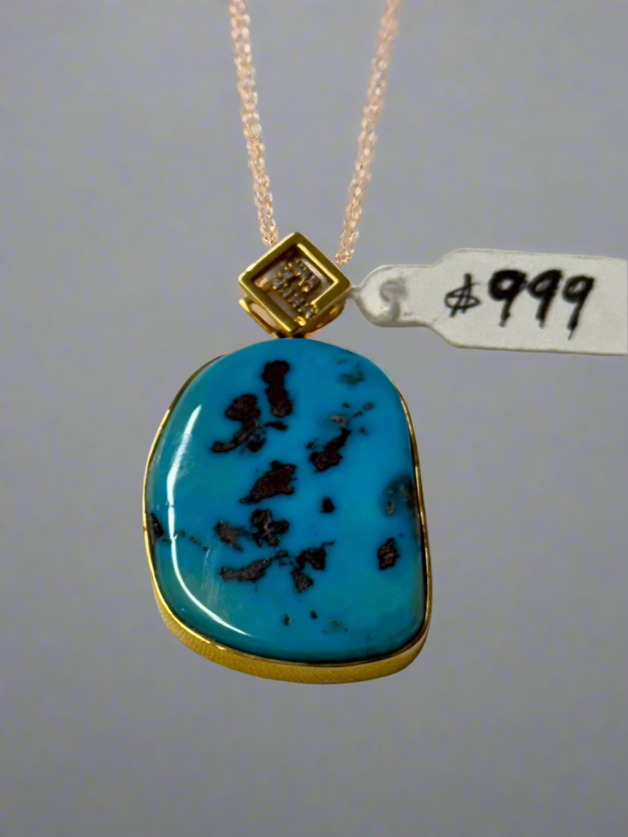 Turquoise pendant on 18K gold chain and diamond necklace