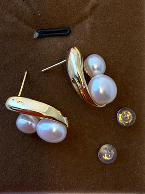 Double pearl gold polished sterling silver stud earring
