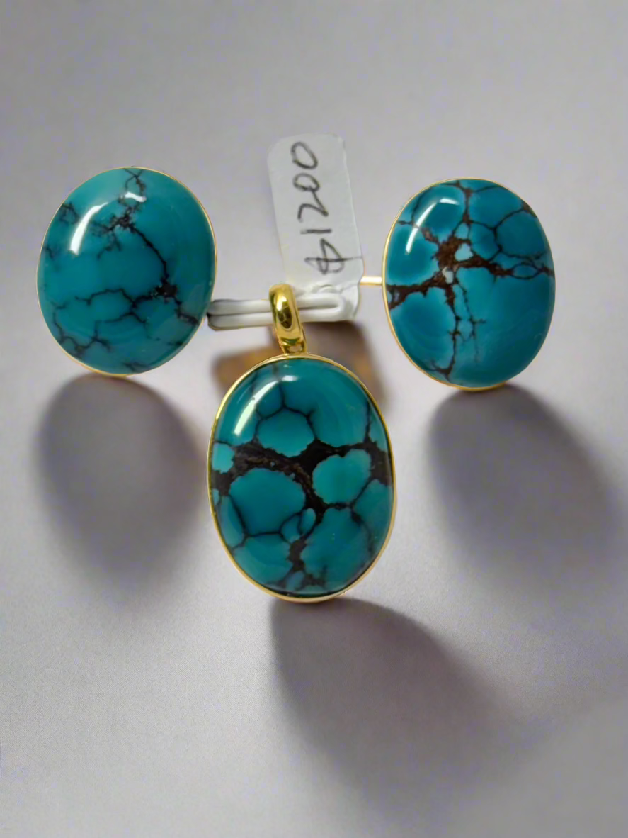 Set of Turquoise pendant and earring ring on 18K gold
