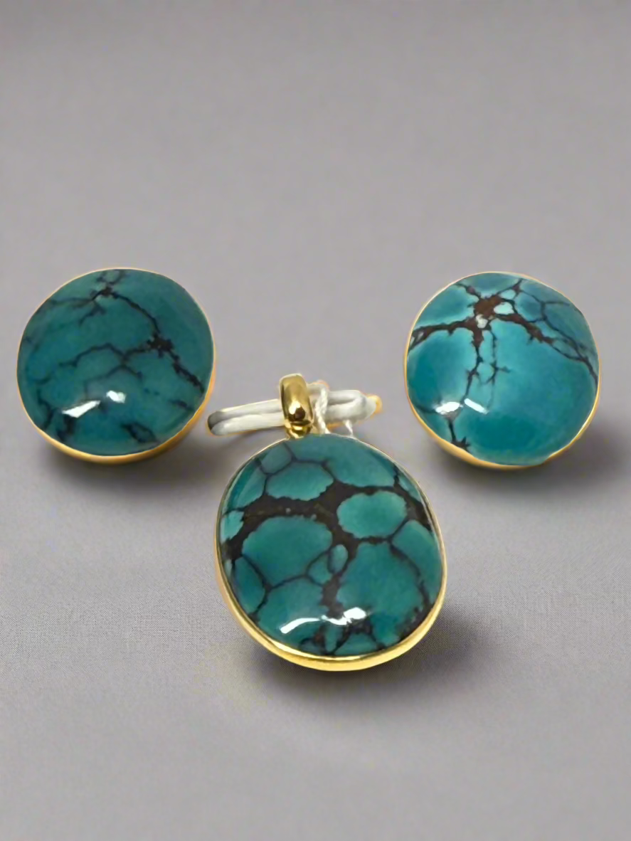 Set of Turquoise pendant and earring ring on 18K gold