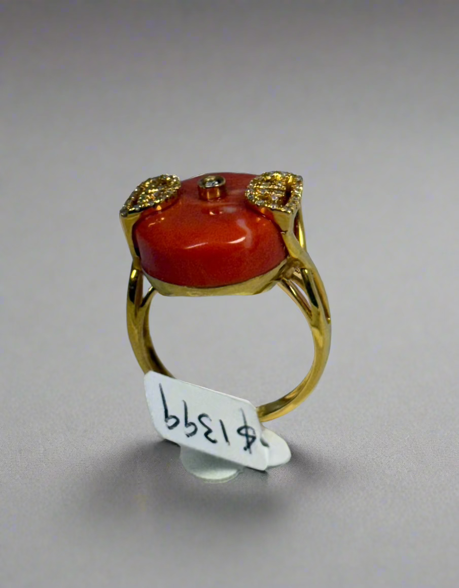 CORAL and diamond on 18K gold ring
