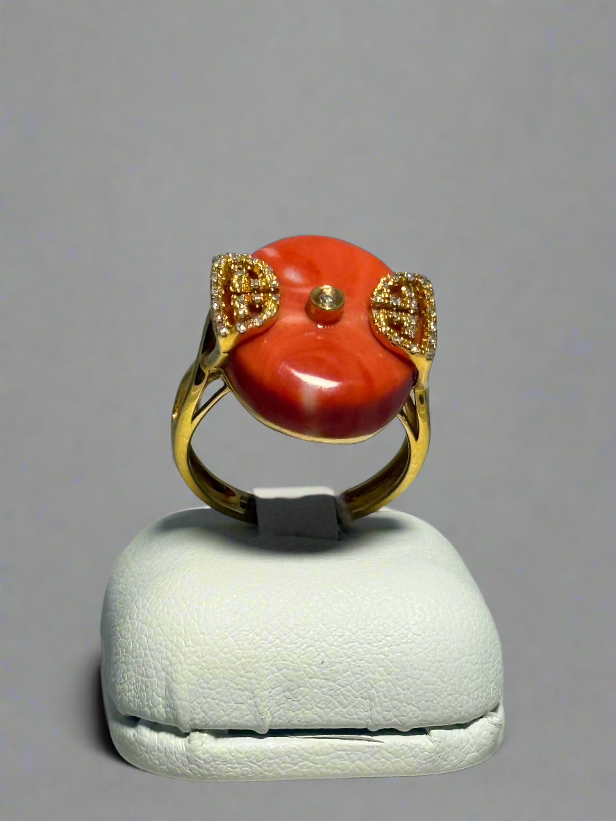 CORAL and diamond on 18K gold ring