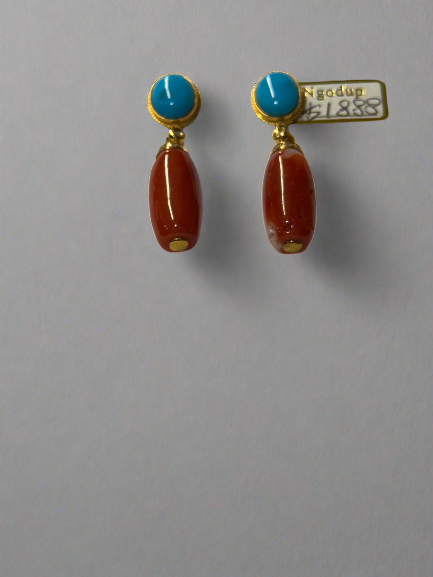 18 karat gold and diamond earring with authentic coral and turquoise