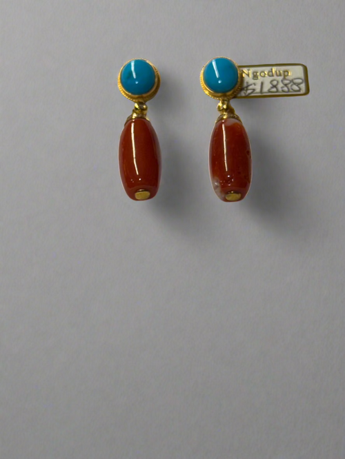 18 karat gold and diamond earring with authentic coral and turquoise