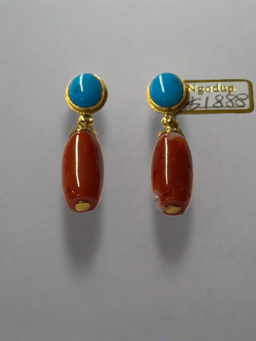 18 karat gold and diamond earring with authentic coral and turquoise