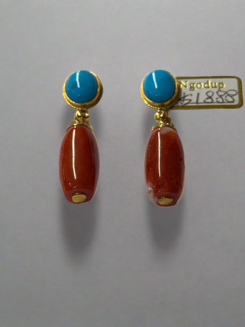 18 karat gold and diamond earring with authentic coral and turquoise