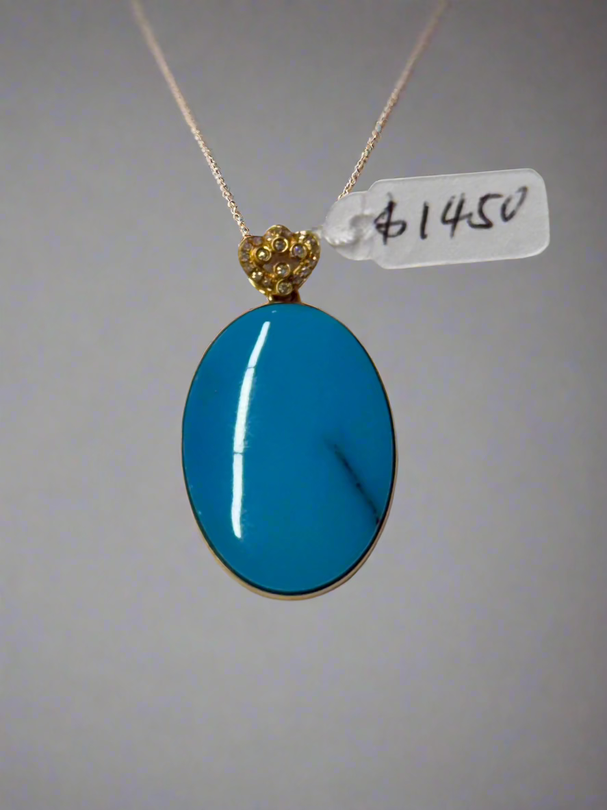 Turquoise pendant on 18K gold chain and diamond necklace