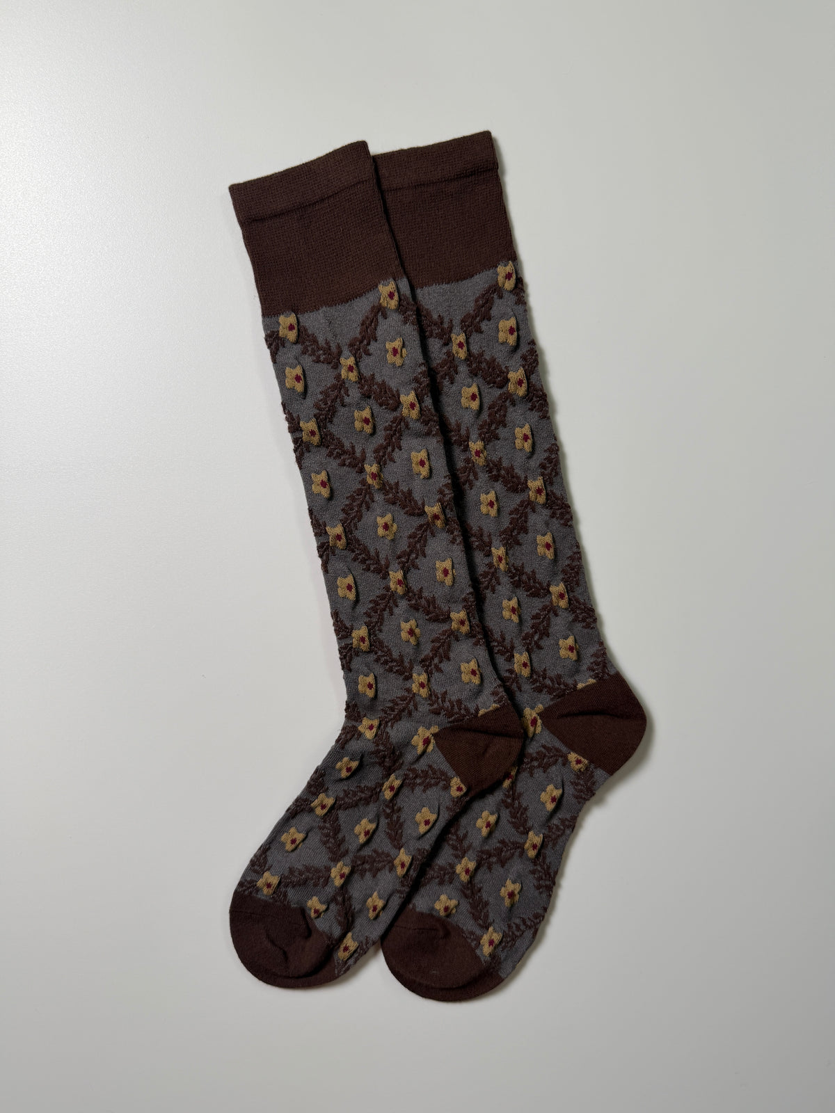 Munsel Floral Heritage Socks in Brown and Gold